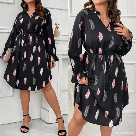 Boho Plus Size Feather Print Flounce Long  Sleeve Dress - Picture 5 of 8